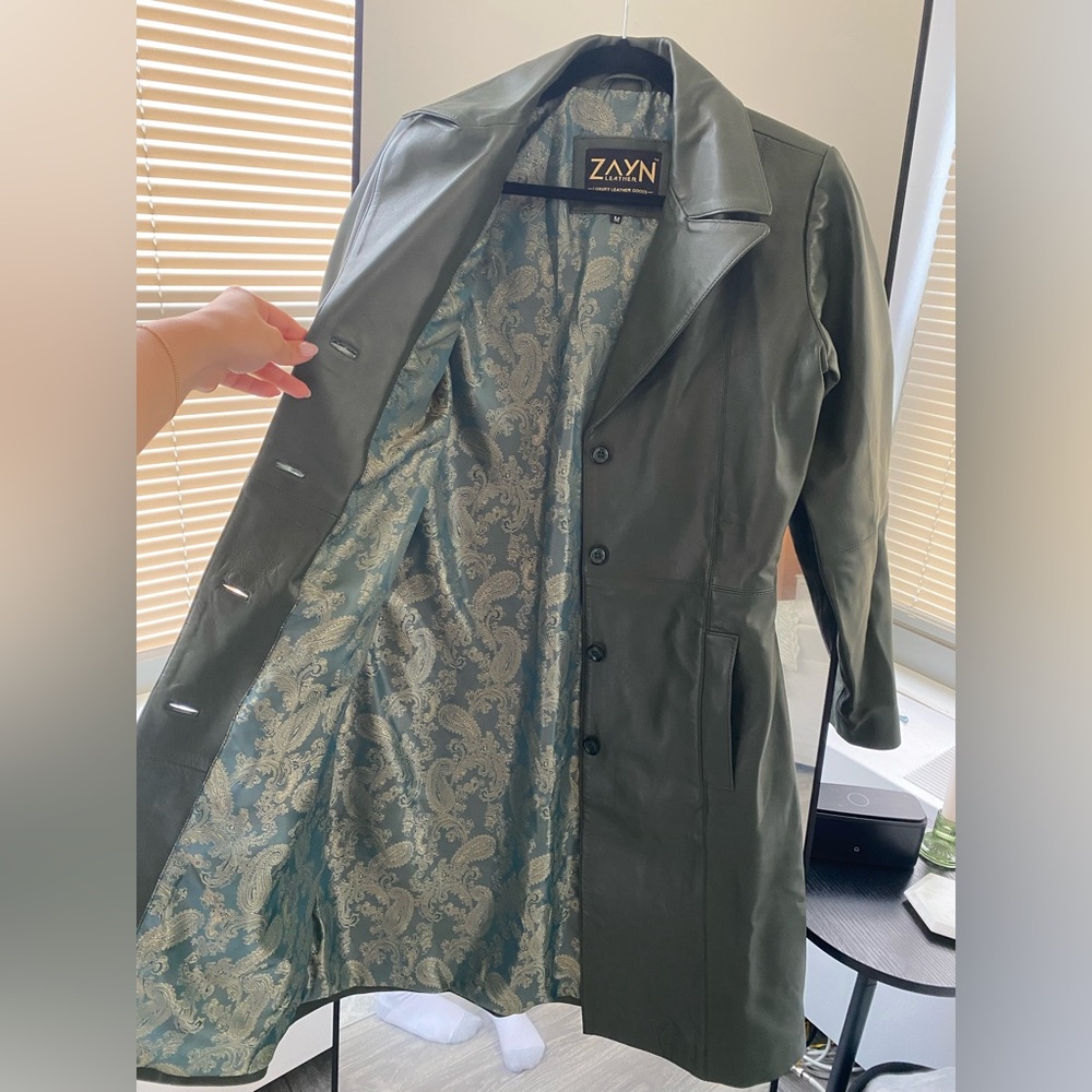 Zayn - Luxury 100% Genuine Leather Trench Coat in Army/Olive Green - Size M - Picture 3 of 12